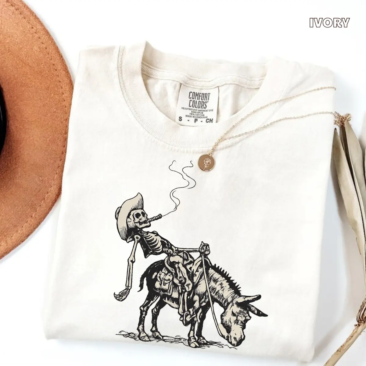 Comfort Colors Smoking Skeleton Cowboy On Donkey Tshirt, Halloween Tee, Western Tshirt, Desert Outlaw T-Shirt, Retro Gothic Tee