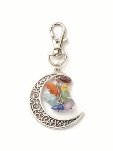 Chakra Crystal Moon Bag Charm Pendants, Filigree Moon & Chakra Stone Bag Chain Charms, Spiritual Boho Bag Decoration Keychain, Healing Energy Bag Pendant for Backpack Purse, Ideal for Yoga Lovers & Spiritual Wellness Enthusiasts