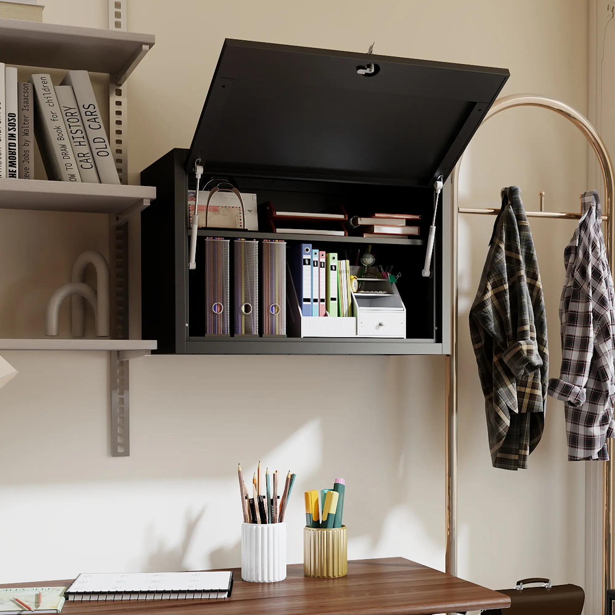 Wall Mounted Metal Storage Cabinet with Lock, 29.5" Garage Tool Cabinet with Adjustable Shelf and Gas Struts, Steel Wall Organizer for Workshop, Office and Utility Room, Black