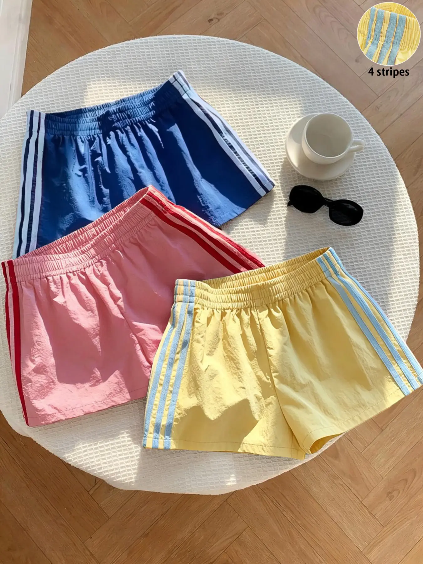 3 pieces, American retro dopamine color contrasting side striped casual sports shorts, summer thin quick drying loose and slimming, women's daily home and outdoor sports shorts, suitable for fitness running