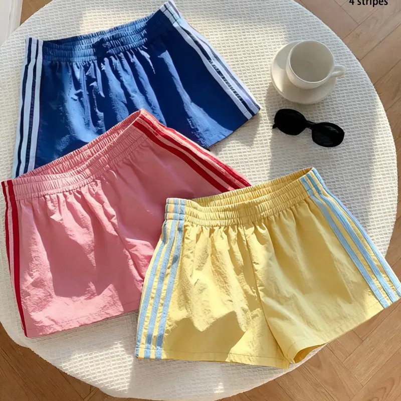 3 pieces, American retro dopamine color contrasting side striped casual sports shorts, summer thin quick drying loose and slimming, women's daily home and outdoor sports shorts, suitable for fitness running, Elastic waist shorts