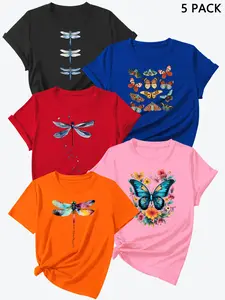 Summer New Letter Butterfly Print Short Sleeve T-Shirts, 5 Pcs Set, Blue, High-Quality Women's Sports Tops