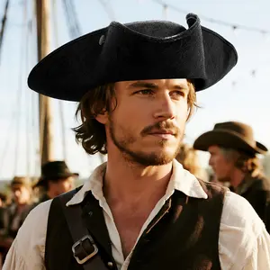 Vintage Distressed Faux Leather Pirate Hat Wide Brim Pirate Costume Cap Tricorn Hat for Men Women Halloween Cosplay Party