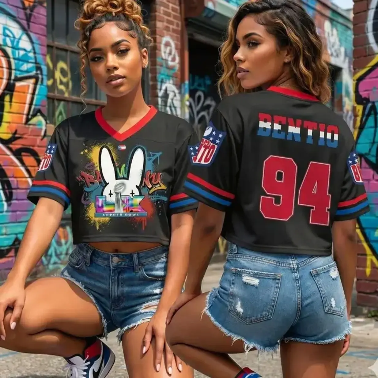 Puerto Rico Flag Inspired All-Over Print Football Jersey Croptop Mesh, Team 94 Casual Jersey, V-neckline Short Sleeve Crop Top