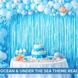 Light Blue Foil Paper Fringe Backdrop, Metal Foil Ribbon Party Decorations, 3.2x6.4 Feet Photography Studio Background