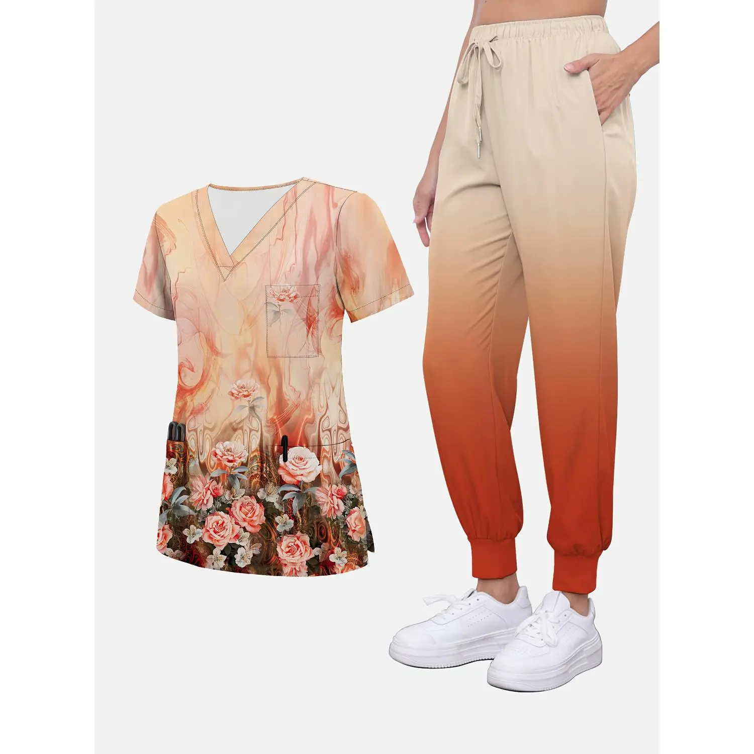 2-Piece Women's V-Neck Printed Uniform Set with Pockets - Breathable and Hand-Washable Workwear with Leg Binding Pants