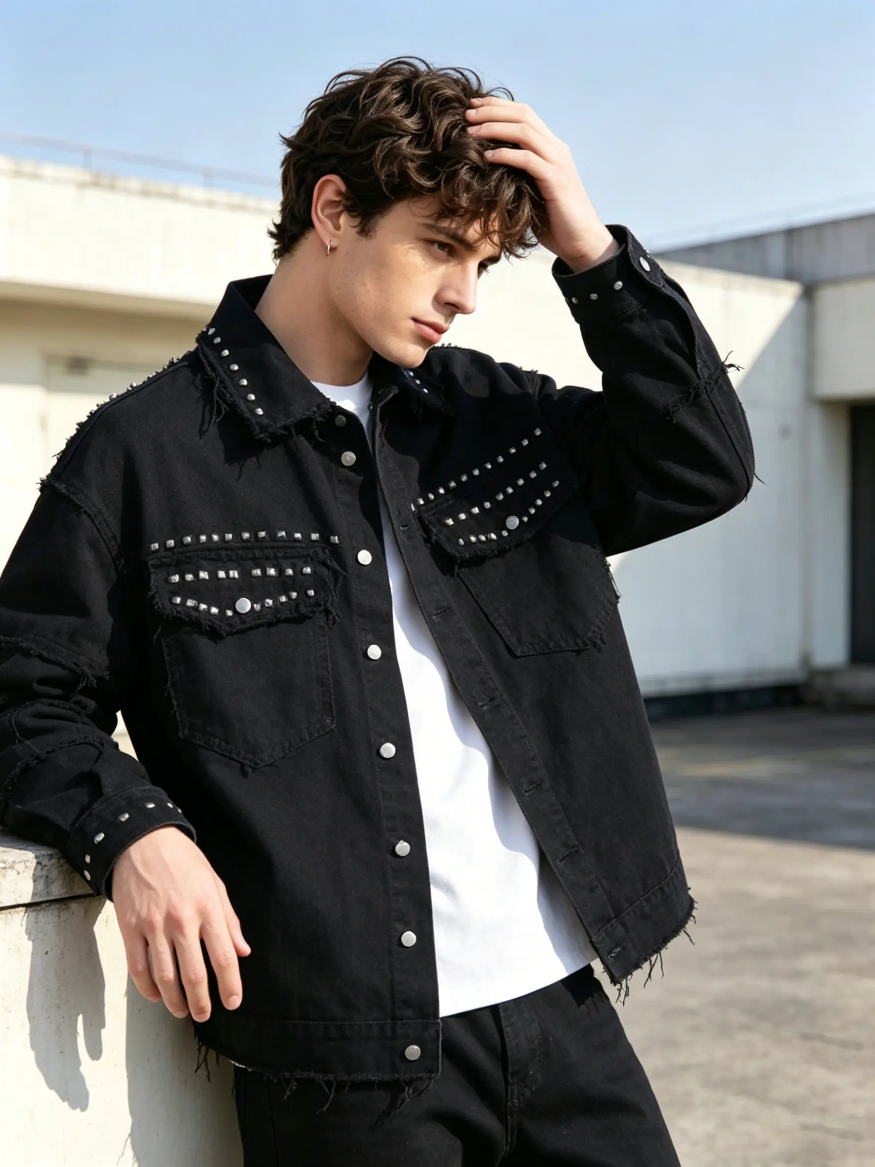 Men Gothic Rivet Distressed Denim Jacket Raw Fray Hem Metal Spike Decor Dark Aesthetic Y2K Street Punk Outerwear For Concert Daily
