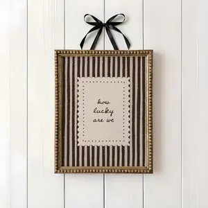 How Lucky Are We Print  Neutral Brown Stripe Wall Art  Vintage Minimal Typography Quote Decor