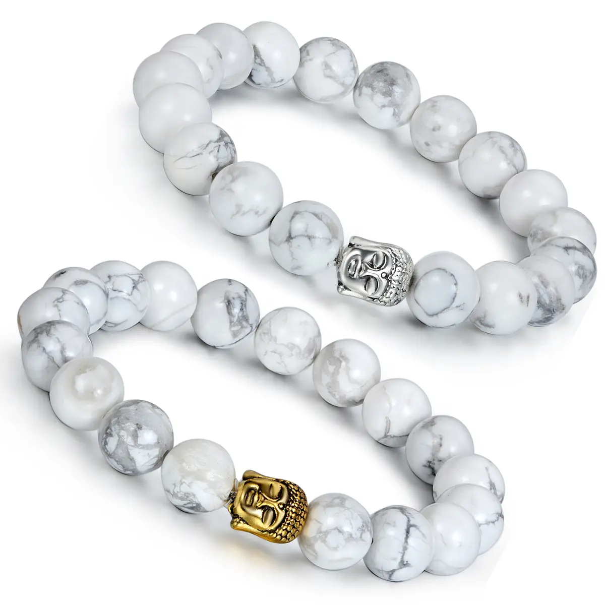 OIDEA Howlite Buddha Head Prayer Bead Bracelet for Men Women, 10mm Beaded Wristband with Alloy Accent, Spiritual Yoga Style