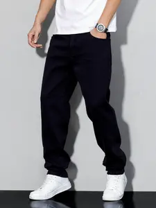 Men's Black Slim-Fit Straight Leg Plain Jeans, Trendy Streetwear Style Menswear. The jeans are made of breathable and soft Denim fabric with a comfortable Fitted fit, suitable as men's lower wear for daily wear, parties, and street fashion.
