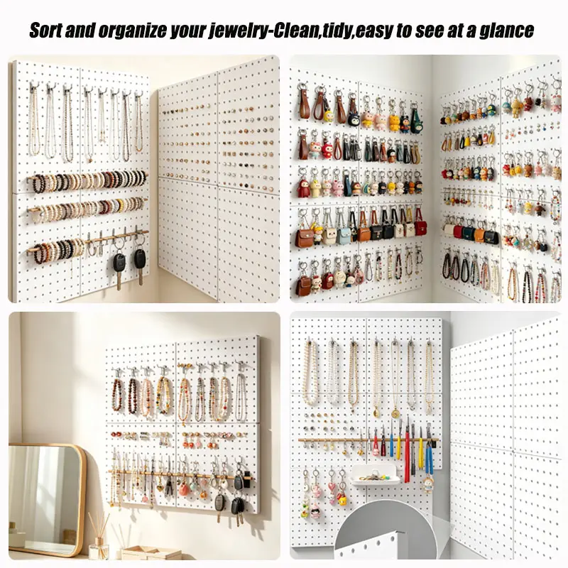 Perforated Panel,Wall Mount White Pegboard Jewelry Display Rack, Heavy Duty Modular Peg Board Storage Organizer for Necklaces Earrings Bracelets Keychains, DIY Arrangement for Vanity Room Closet, Complete Installation Screws Anchors Provided