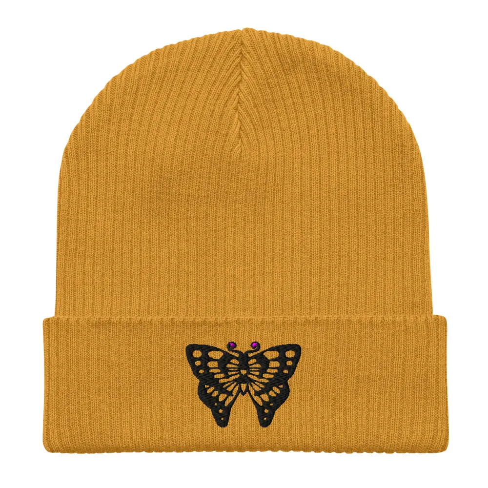 Butterfly Beanie - Yellow Beanie with Butterfly Embroidery, Ribbed Design, Ideal for Layering