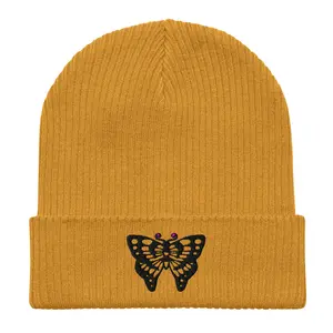 Butterfly Beanie - Yellow Beanie with Butterfly Embroidery, Ribbed Design, Ideal for Layering