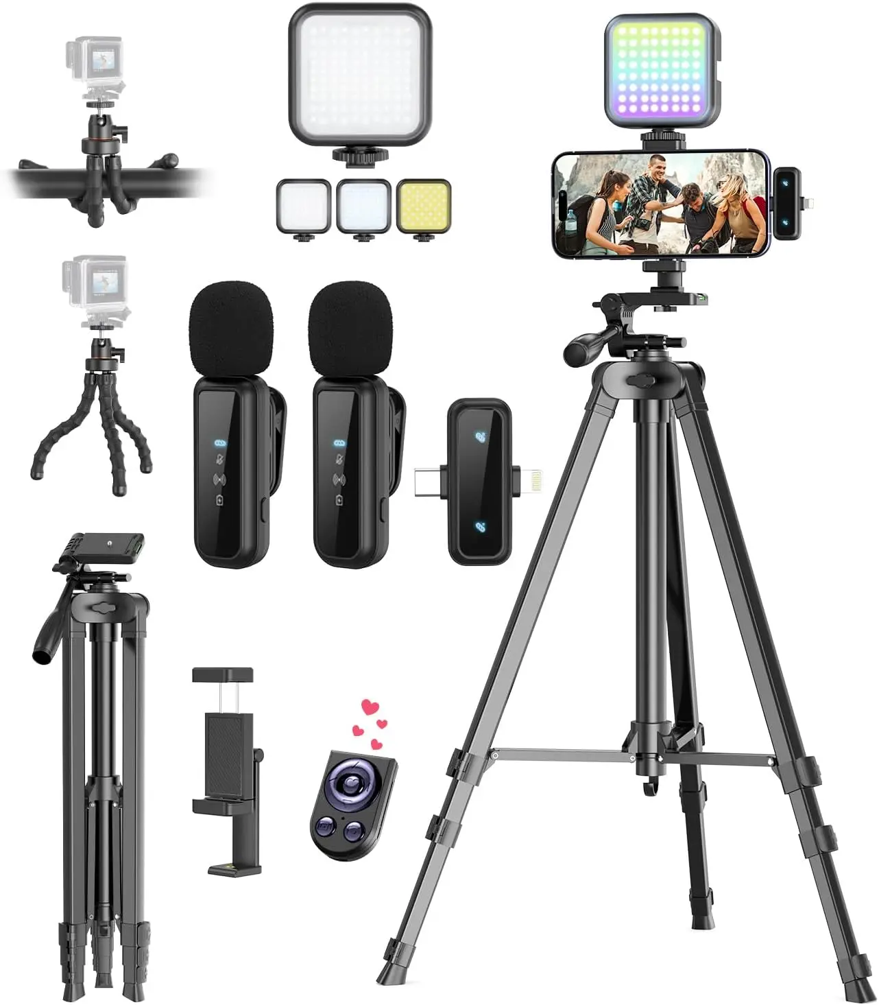 Yeaki 6-in-1 Compact Metal Content Creator Kit, Cellphone Vlogging Camera Accessories with Adjustable Holder, Wireless Microphone, Tripod, RGB Fill Light, Charging Port, Remote for iPhone/Android, YouTube Recording
