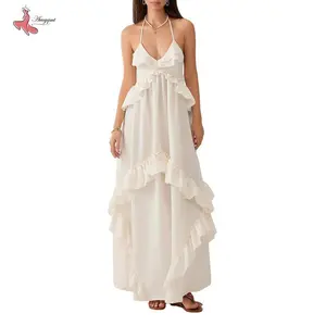 Women’s long sleeveless halter dress, backless ruffled summer swing dress for vacation and beach