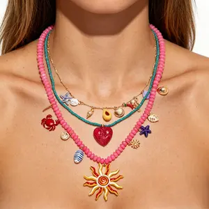 Colorful Summer Beach Charm Necklace Collection - Y2K Dopamine Beaded Chokers Mix & Match Separate Stackable Chains Sunflower Starfish Shell Pendants Vacation Resort Statement Boho Fairycore Aesthetic Jewelry Birthday Friendship Gift for Her