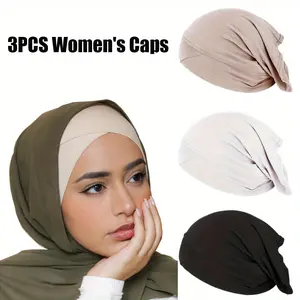 3PCS Women'S Solid Color Basic Muslim Hijab Caps,Breathable Spandex Turban Hat, Fitted Knitted Religious Theme,Elasticity