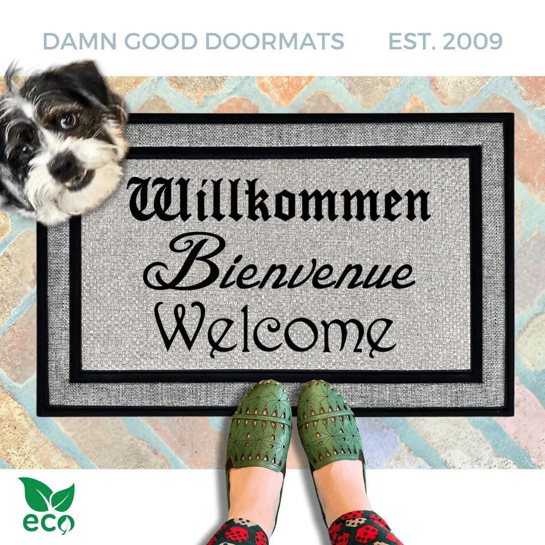 Cabaret Willkommen Bienvenue Welcome + Coir Door Mat + Eco-Friendly All-Natural Coconut Coir or All-Weather Welcome Mat with Non-Slip Feature