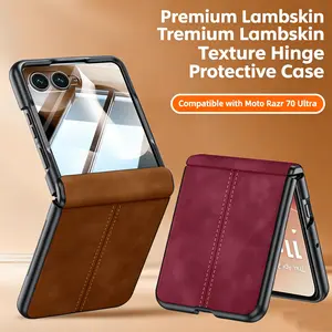 Matte Lambskin Texture Case for Motorola Razr 2024 / 2025 / 2026, Built-in Front Screen Tempered Glass, Magnetic Hinge Full-Body Shockproof Protective Cover