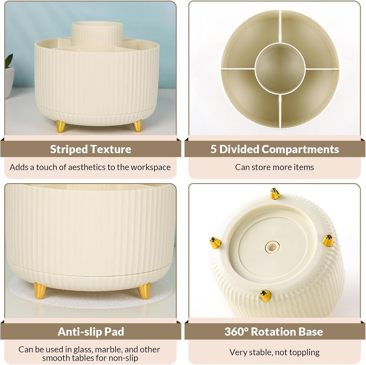 360 Rotating Plastic Desk Pen Organizer with 5 Slots Dual-Purpose Art Supply Pencil Cup for Office School Home Space-Saving Design Non-Slip Base Practical Gift