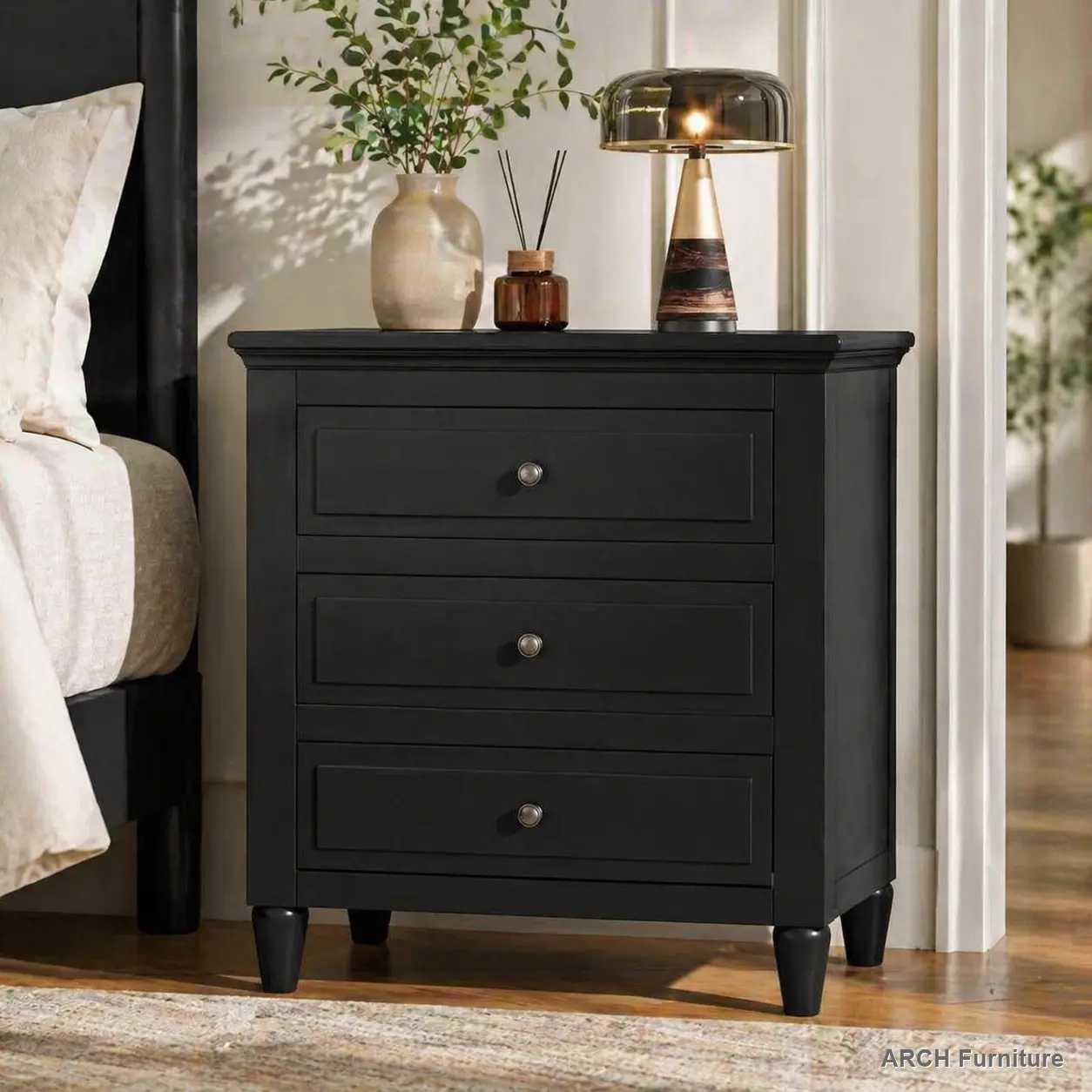 28" Width Painted U-Style Arch Nightstand - 3 Drawers with Smooth Glide Rails, Metal Handles, Rubberwood Legs, Quick Setup - Minimalist Bedroom Bedside Cabinet, Contemporary End Table, Modern Accent Table, Side Tables