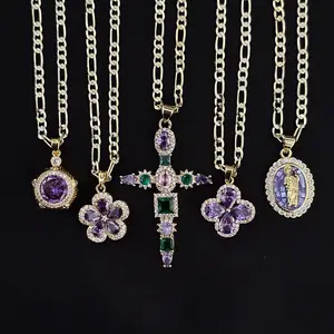 Gold Plated Purple Necklace for Women - Figaro chain  - Fashion Accessory charm necklace woman spiritual jewelry