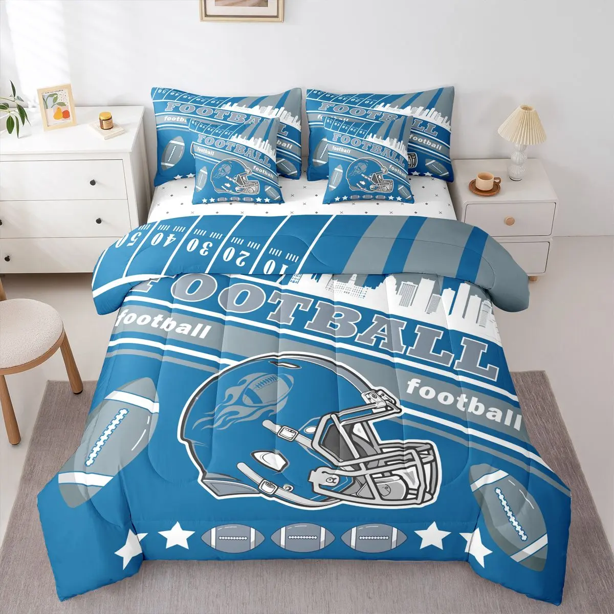 Feelyou 7-Piece Detroit Football Comforter Set - Football City Comfy, Sports Themed Bed-in-A-Bag with Comforter, Sheets, Pillowcases, Cushion Cover, Football City Comfy Bedding Sets, Sports Themed Bedding Set