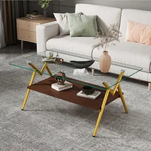 Rectangle coffee table with tempered glass top and metal legs. This modern living - room furniture comes in five styles, offers high adaptability, and is easy to assemble.