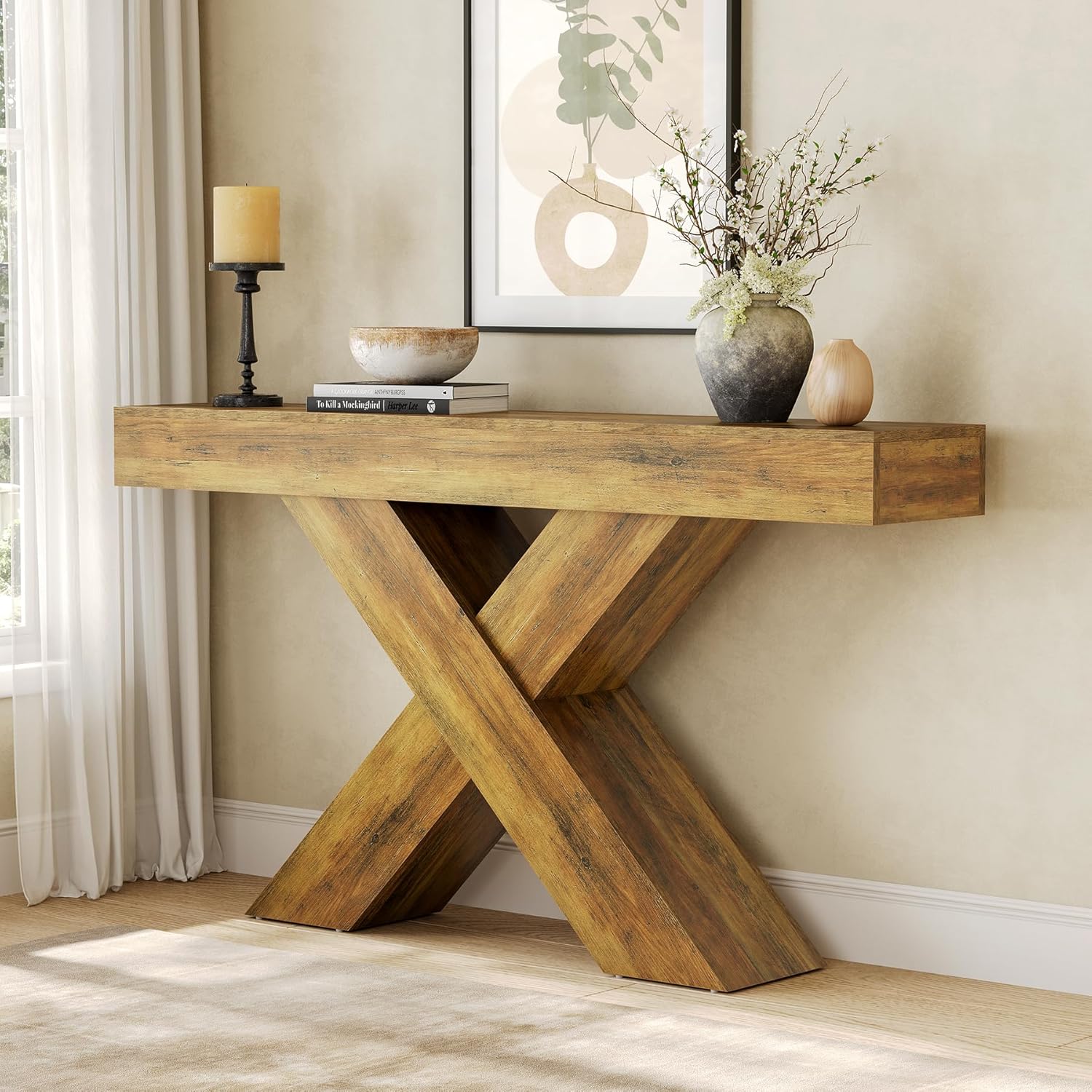 LITTLE TREE Console Table, 55-Inch Entryway Table, X-Shaped Design Narrow Console Table, Sofa Table for Living Room Foyer Hallway, Entryway, Entrance, Foyer, Industrial Wooden LITTLE TREE Console Table, 55-Inch Entryway Table, X-Shaped Design Narrow Console Table, Sofa Table for Living Room Foyer Hallway, Entryway, Entrance, Foyer, Industrial Wooden