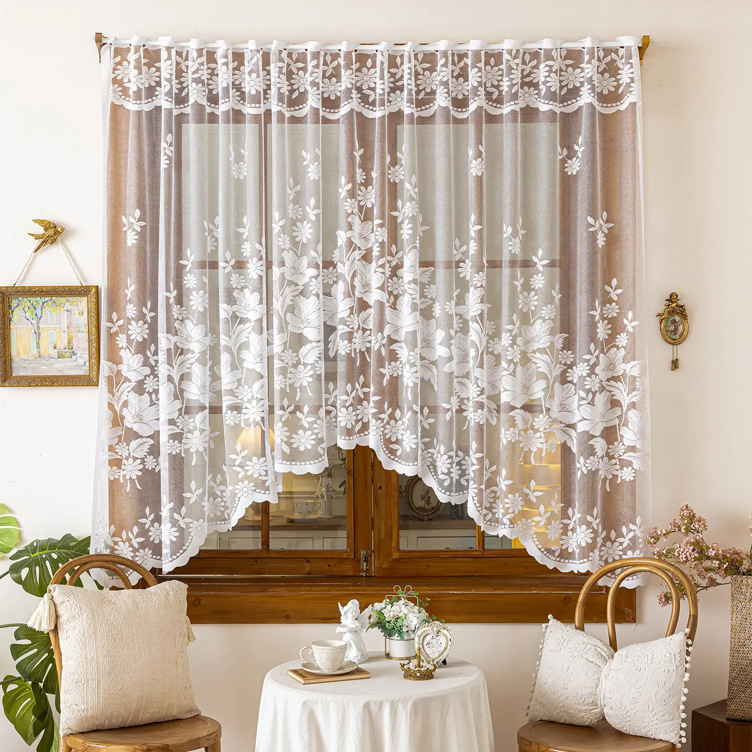 French Romantic Lace Bow Shaped Sheer Curtain 118in X 63in or 157in X 63in, Large Size Home Decor for Living Room Kitchen Wedding, Home Decoration Curtain, Kitchen Curtains, Window Curtain
