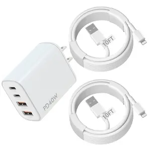 10FT Extra Long Car Charger Data Cable, 4-Port 40W Fast Charging Wall Charger with USB-C Port, Compatible with Apple iPhone 14/13/12/11 Pro Max/XR/XS/X/8/7/6 Plus/SE and iPad, White