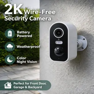 2K Wireless Outdoor Security Camera, Battery Powered, Waterproof, Wide Angle, Color Night Vision for Front Door, Garage & Backyard