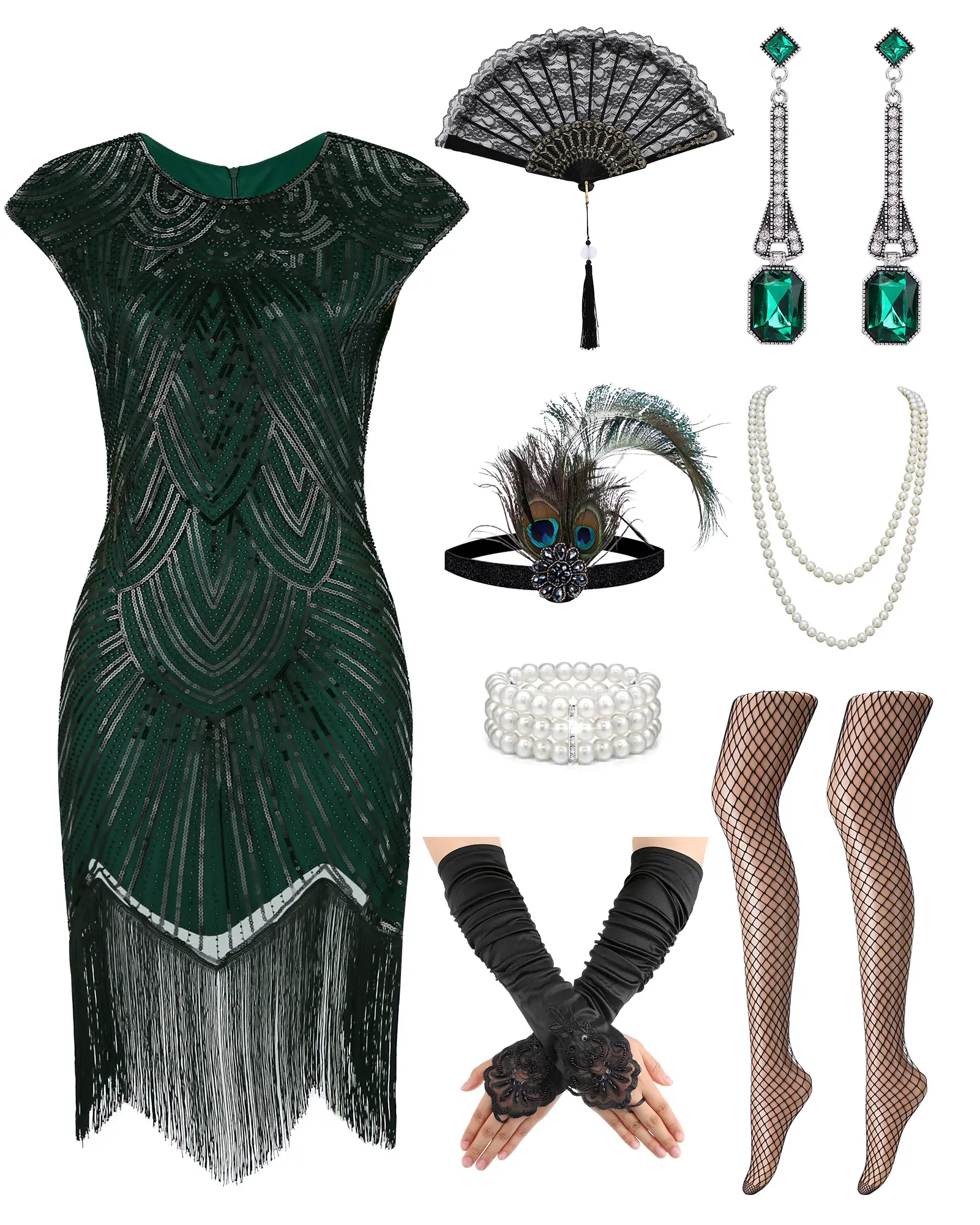 Women 1920s Flapper Dress Great Gatsby Costume Set, Roaring 20s Sequin Fringe Costume Dress with Peacock Feather Headband, Lace Fan, Pearl Jewelry, Lace Gloves & Fishnet Stockings, Vintage Party Cosplay Outfit