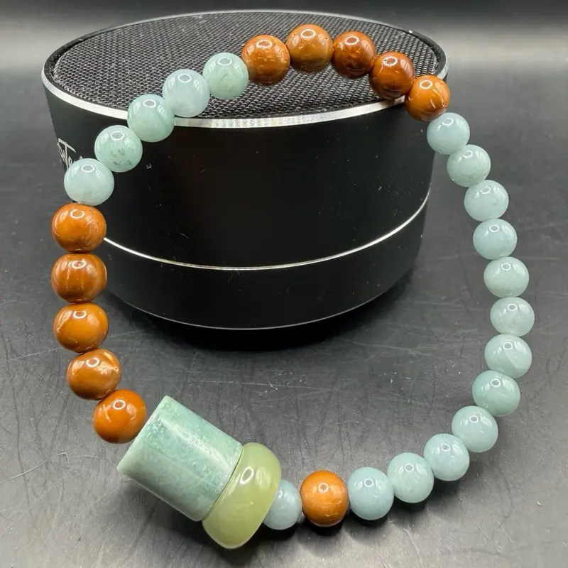Female Adults' Blue Water Jade Beaded Bracelet - Casual, Minimalist Design with Donut-Shaped, Barrel Charms for Daily Wear