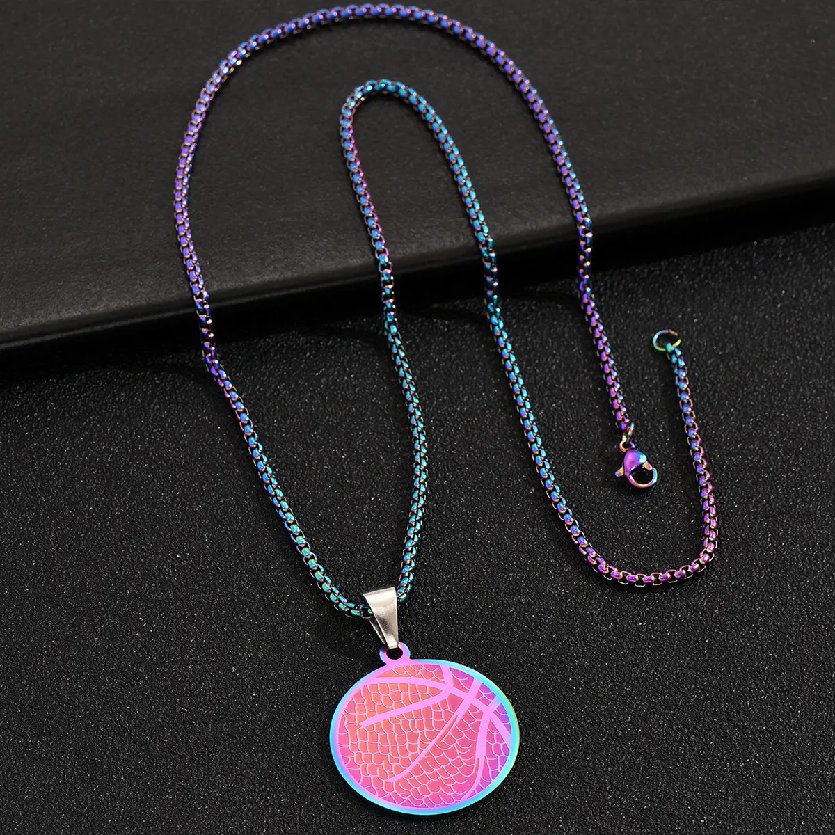 Men's Basketball Pendant Necklace, Gold & Iridescent Stainless Steel Sporty Streetwear Jewelry, 30 mm Width, Durable & Fade Resistant for Gym Workouts, Birthday & Graduation, 35 Mm Height, Daily, Male