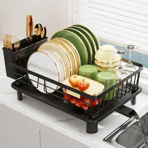 Dish Drainer Rack with Drip Tray, Sink Dish Drainer with Drainage Spout, Stainless Dish Drying Rack with Cups, Utensil & Cutting Board Holders for Counter-Saving, Black
