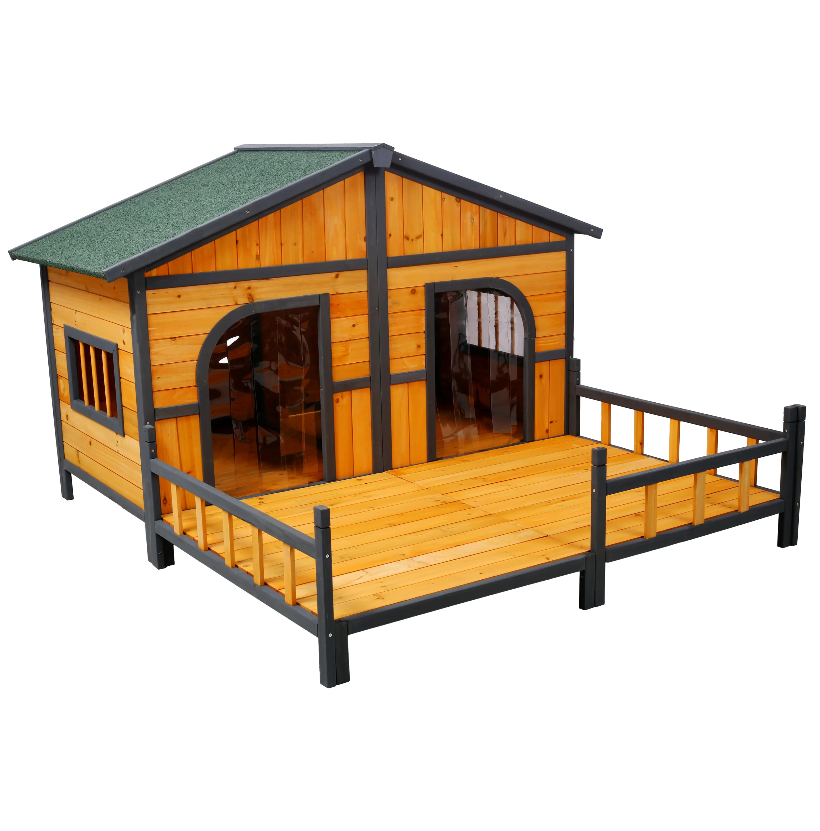 Double XL Large Wooden Dog House Outdoor with Porch & Elevated Floor, Weatherproof Year-Round Kennel (47.2l x 39.4w x 37.4h, 77.2 lbs) for Small-Medium Breed Dogs, Natural Finish (Wood + Metal)