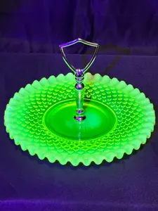 Uranium Fenton hobnail dessert pedestal tray- 8” wide 5.5” tall