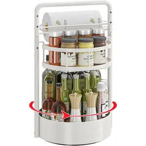 2 Tier Rotating Spice Rack Organizer with Paper Towel Holder, Lazy Susan Turntable Kitchen Organizer for Countertop & Cabinet, Metal Spice Rack for Bottles, Jars, Condiments summergarden