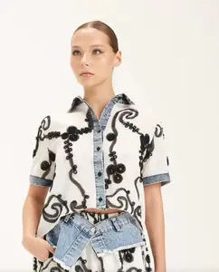 H-4 Embroidered Denim-Trim Shirt 2523