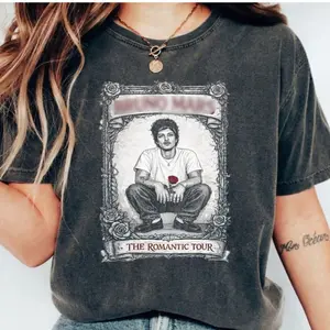 Bruno 24K Magic The Romantic Tour Unisex T-Shirt, Vintage Ornate Rose Frame Portrait Graphic Tee with The Hooligans, Great Gift Idea for Music Lovers L