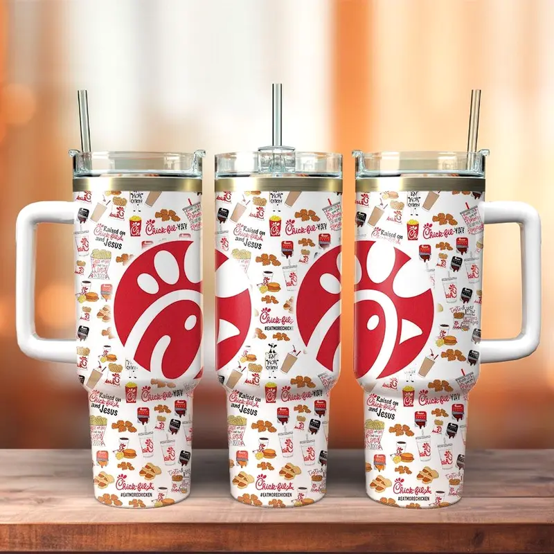Chick-fil-A Food Quencher 40oz Tumbler with Handle & Straw – Fast Food Drink Cup, Stainless Steel Insulated Travel Mug, Chick Fil A Lover Gift, Reusable Cold Drink Cup for Everyday Use
