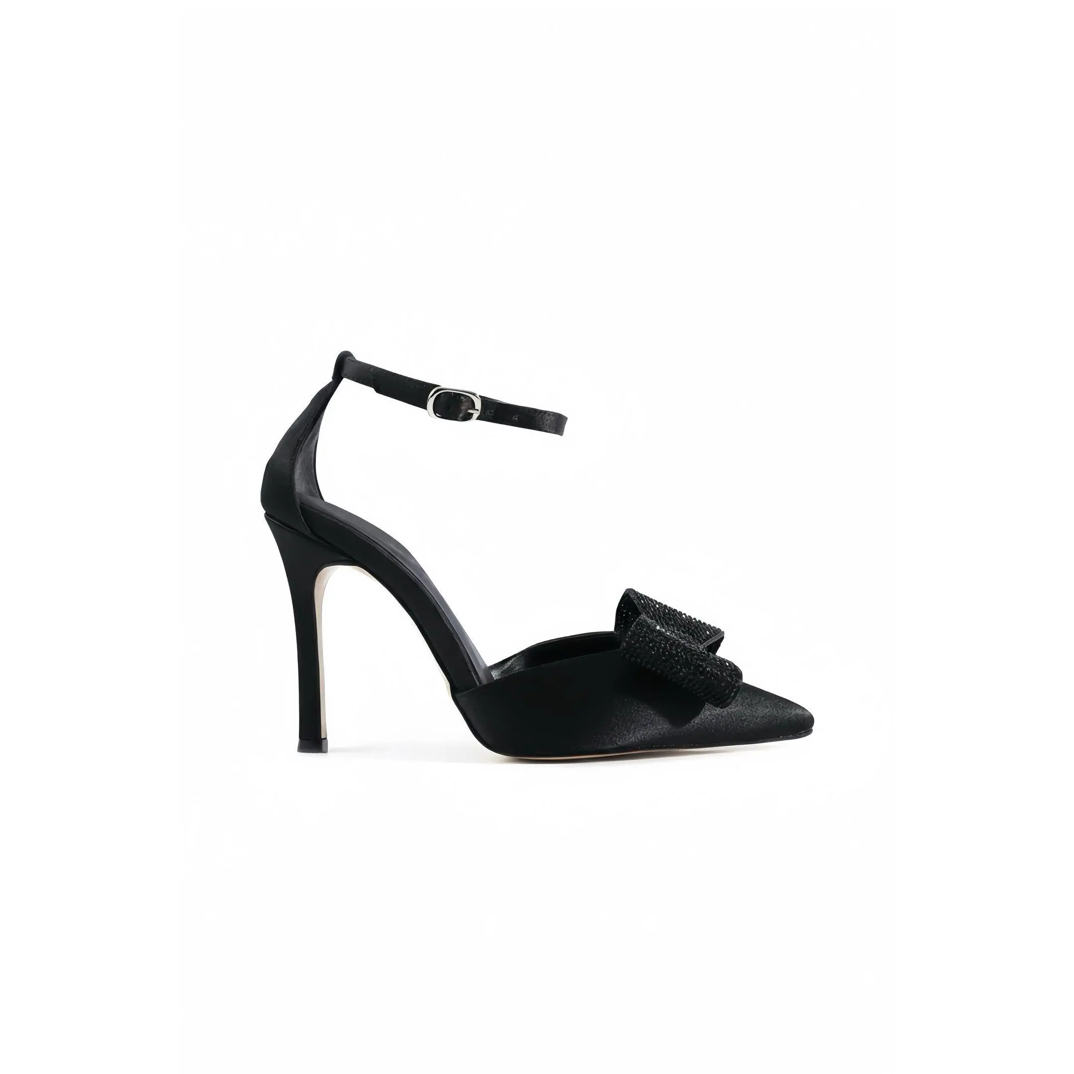 Wendy | Black Satin High Heels with Rhinestone Bow