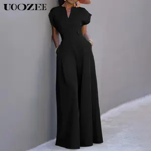 UOOZEE Women's Green Cap Sleeve Wide Leg Jumpsuit - Fitted Polyester Overall with V-Neckline - Chic & Elegant Style (the size is one size smaller,it is recommended to order a size larger) Elegant Shortsleeve