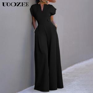 UOOZEE Women's Lady Green Cap-Sleeve V-Neck Fitted Polyester Wide-Leg Overall Jumpsuit - Elegant Minimalist Style All-Seasons Clothes (Note: Runs 1 size smaller; order 1 size larger)