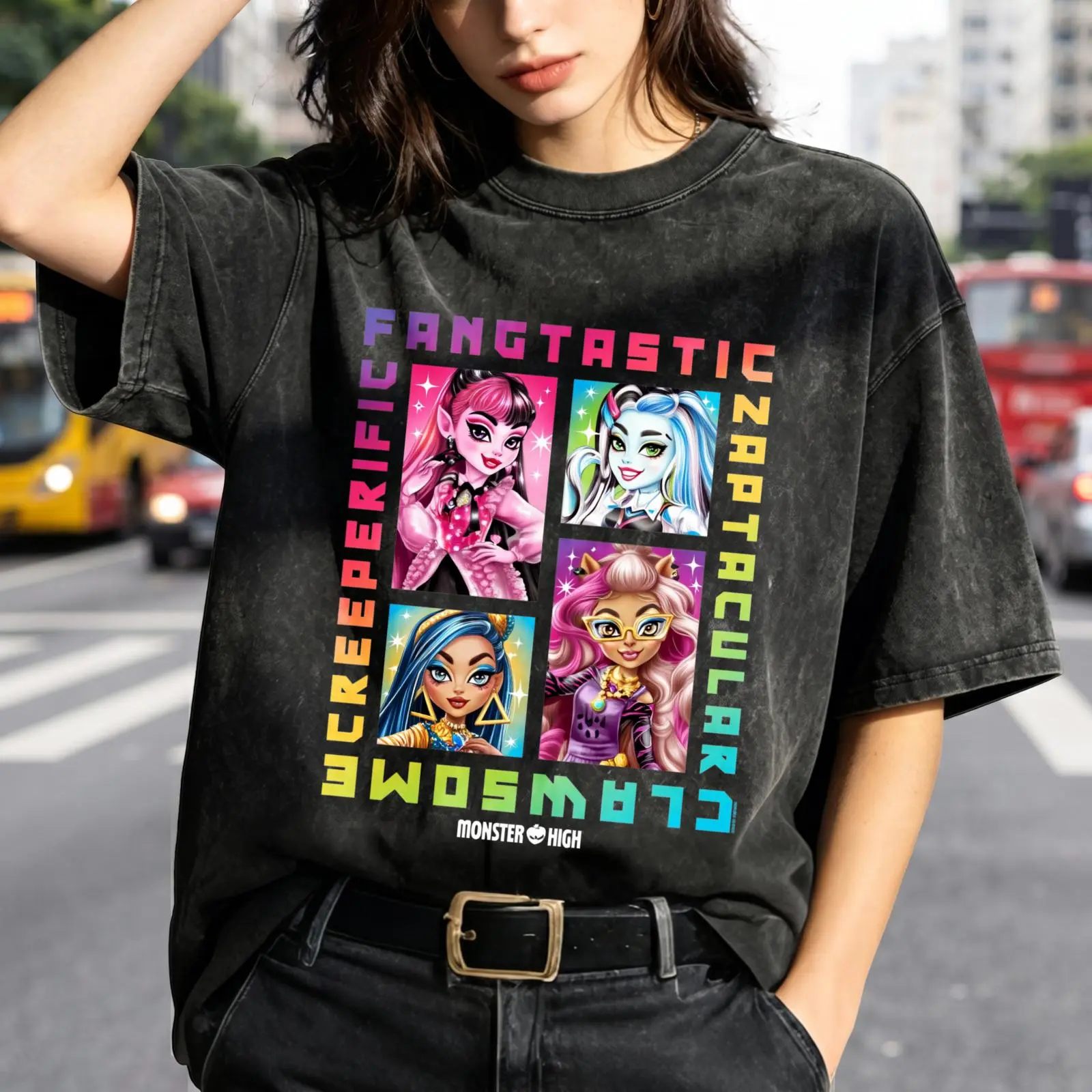 Women's Monster High Character Vintage Washed Oversized Graphic Tee - Grid Print, Short Sleeve, Baggy, Breathable, Casual for Day Wear, Matching with Skirts, Flat Shoes