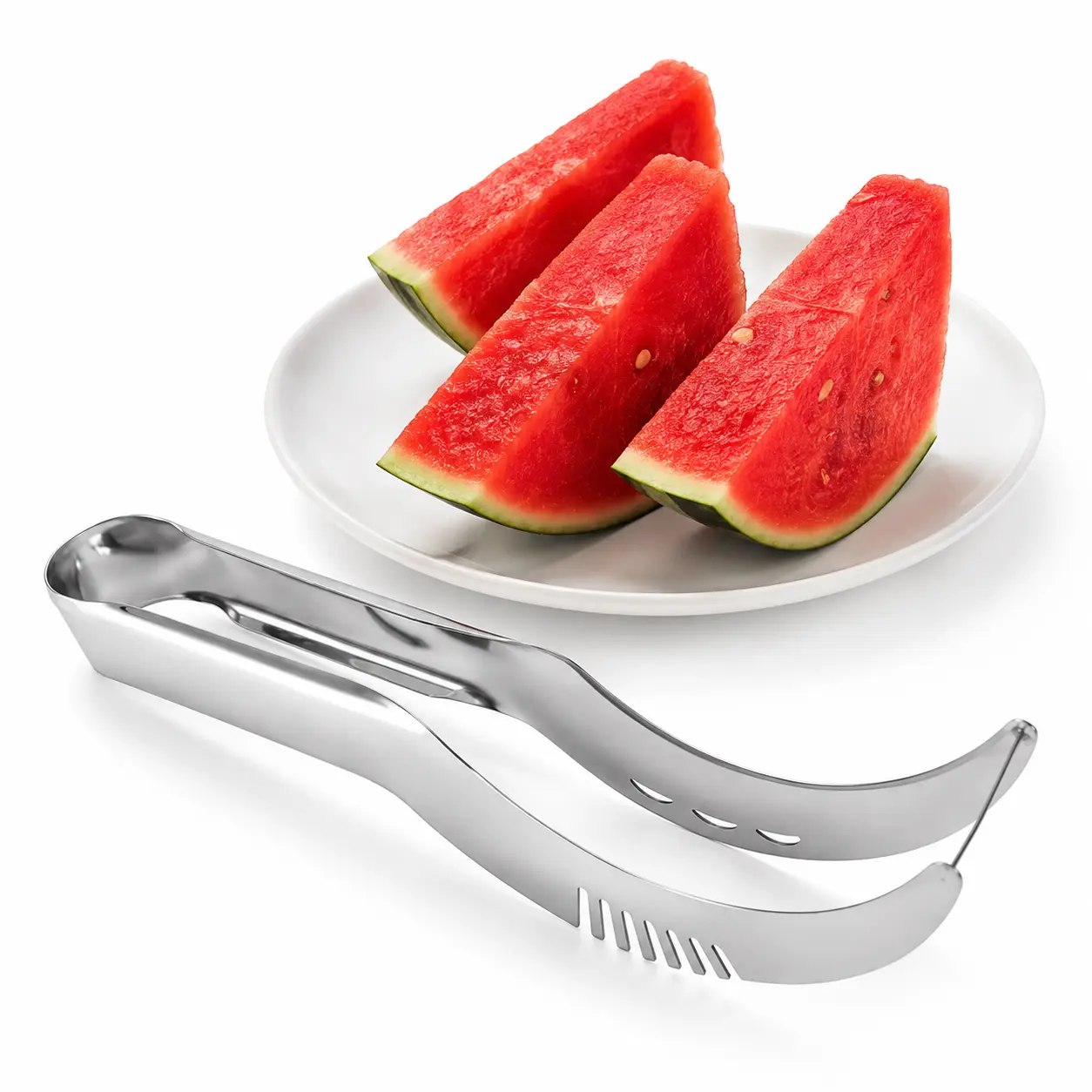 2-in-1 Stainless Steel Watermelon Slicer and Server, Melon Fruit Cube Cutter with Serving Tongs for Picnic, BBQ and Summer Parties food peeler