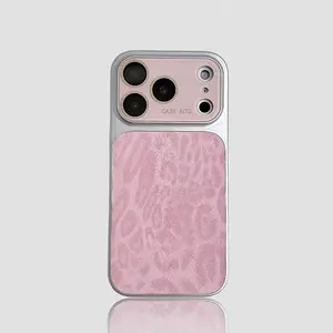 Pink Leopard Print Squishy Phone Case, Baddie-Style Large Window Silver-Edged Soft TPU Phone Case, Fashionable Women's Phone Case (With Pearl Bracelet and Metal-Plated Edges), Compatible with IPhone 17 Pro Max, Air, 16, 11, 12, 13, 14 Pro