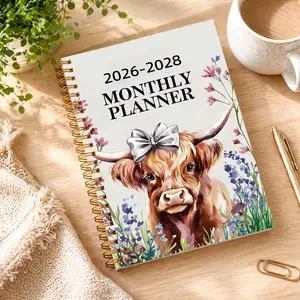 2026–2028 Planner Cute Highland Cow Floral 3 Year Monthly Weekly Agenda Spiral Notebook Aesthetic Calendar Gift