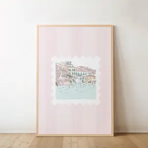 Pink Italy Stamp Print Girly Travel Wall Art Coquette European Aesthetic Rome Florence Venice Artwork for Home Decor